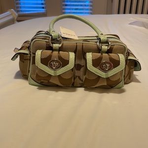 Coach mini tote 10.5inW/4.5inH Teal snakeskin leather trim,lavender satin liner.